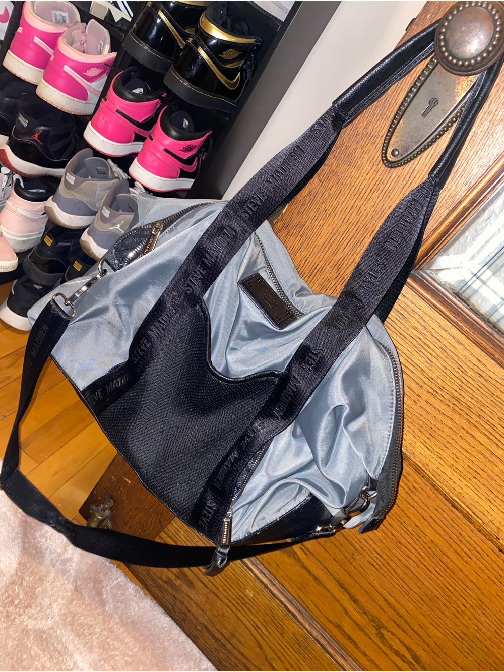 Steve Madden Black and Silver Nylon Shoulder Bag